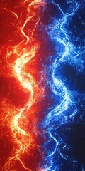 Dynamic plasma arcs in fiery red and electric blue, colliding in an abstract explosion. High-energy concept

