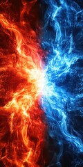 Dynamic plasma arcs in fiery red and electric blue, colliding in an abstract explosion. High-energy concept

