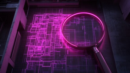 A neon-lit magnifying glass over a digital blueprint, symbolizing strategic analysis