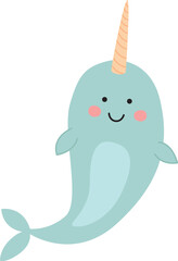 Blue cute narwhal isolated on a transparent background. Underwater funny character