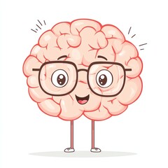 A cute, cartoon brain character wearing glasses, smiling and standing on two legs, symbolizing intelligence and fun.