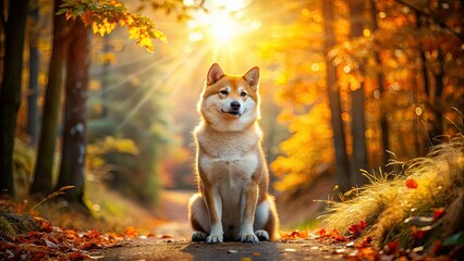 Golden hour bathes an adorable Shiba Inu puppy hiking a majestic autumn trail.
