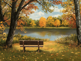 An idyllic autumn scene, a tranquil lake reflects vibrant foliage, with a solitary wooden bench inviting peaceful contemplation near the serene water's edge
