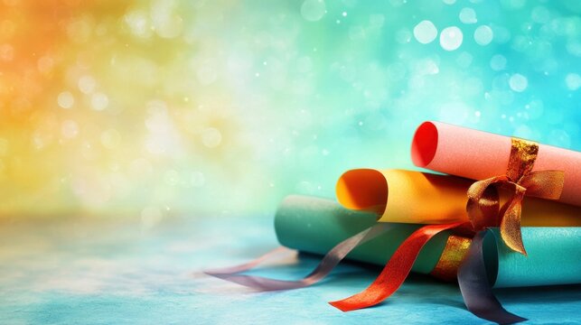 A stack of colorful training certificates and a diploma, elegant background