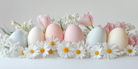 Pastel-colored eggs arranged with fresh spring flowers lying on the white background. Easter concept.
