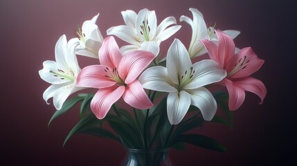 Fototapeta premium Pink and white lilies in glass vase.