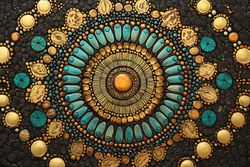 A complex, hand-drawn mandala blending Indian, Celtic, and Native American patterns, featuring intricate details and metallic or iridescent highlights for depth and mysticism