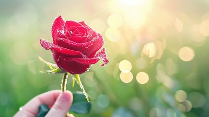 Hand Holding A Red Rose With Dew Drops Glimmering