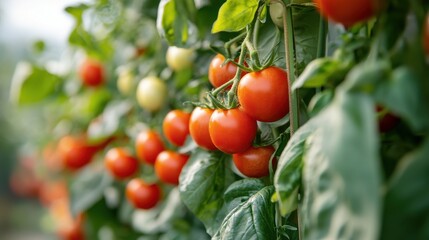 Ripe red tomatoes growing on the vine in a lush green garden.  Perfect for summer recipes!
