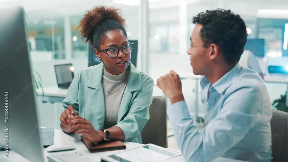 Poster Business people, software developer and meeting with computer for UX, UI or app development at office. Businessman, woman or programmers with technology for web design, AI update or project review