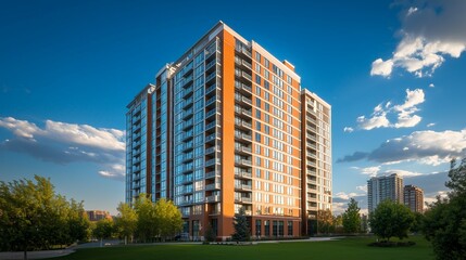 A modern white apartment building set against a blue sky with clouds