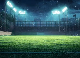 Obraz premium Illuminated football field under a dreamy night sky, showcasing the pristine green grass and an empty stadium, evokes a sense of tranquility