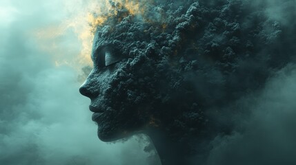 Mystic Portrait: A surreal and evocative portrait of a woman merging with nature, her face partially obscured by dark teal and gray clouds and textured elements.