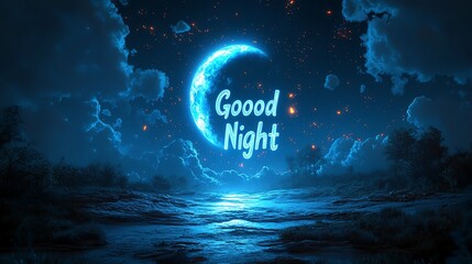 A tranquil night scene featuring a luminous moon casting reflections over a calm sea, accompanied by the cheerful message 'Good Night.' Perfect for conveying serenity and peace.