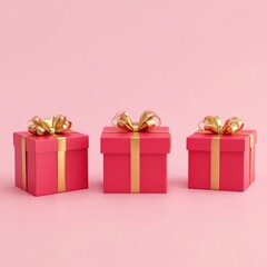 Obraz premium Three exquisite red gift boxes with shiny gold ribbons are presented in various angles against a soft pink background. Ideal decorations for birthdays and festive gatherings