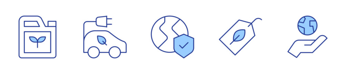 eco car, ecology, earth, label, biofuel. Ecology Icon vector illustration. Line Duotone style. Editable stroke