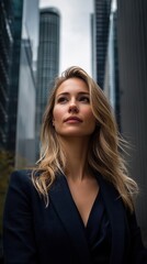 Empowering portrait of a confident woman against a modern cityscape