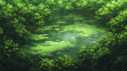 Peaceful Natural Pond Surrounded by Lush Green Vegetation and Trees