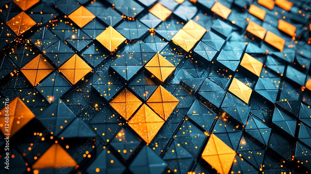Poster abstract geometric pattern of squares and triangles, with warm highlights, potential use as a backgr