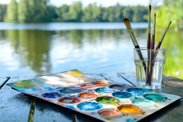 Plein air painting, A colorful palette and brushes by a serene lake, capturing the tranquility and artistic inspiration of nature's beauty