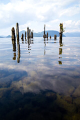 日本、北海道、洞爺湖の朽ちた桟橋