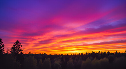 Obraz premium Vibrant Orange and Purple Sky Over a Peaceful Forest at Dusk