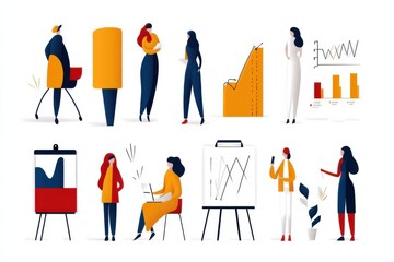 Naklejka premium A flat design concept showcasing diverse teamwork, branding, and economic elements, vividly illustrating collaborative and strategic ideas.