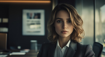 Woman with a stylish haircut is dressed in a formal outfit inside a modern office, showcasing a poised presence amid a busy environment