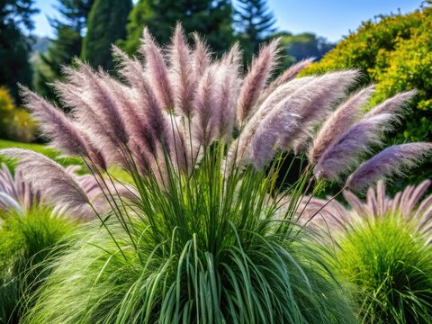 Lush evergreen tussock, 60cm tall.  Dark green leaves, striking silvery-purple blooms.  Product photography.