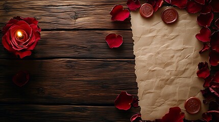 Blank parchment resting on a rustic wooden table, adorned with dried rose petals and heart-shaped wax seals, glowing candlelight providing warmth, intimate and nostalgic Valentine ambiance, delicate