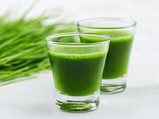 Wheatgrass shots in clear glasses with vibrant green color