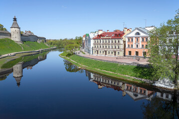 Soviet (Gold) embankment and Middle tower of the kremlin. Pskov, Russia