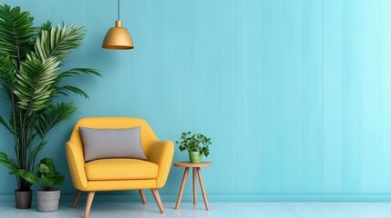 Chic Yellow Armchair Against Textured Blue Wall. Generative AI
