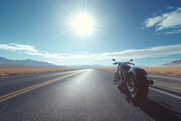 Motorcycle on deserted road at sunset. Neural network AI generated