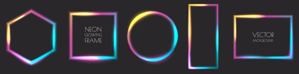 Glowing neon circle square frames set. Vector illustration. Color gradient background, banner, poster design elements