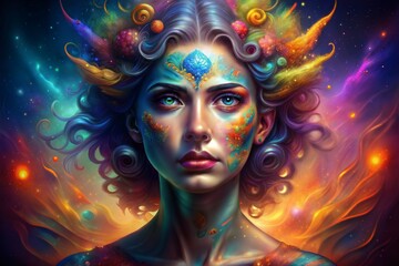 Ethereal goddess with cosmic energy, mystical style, vibrant colors, spiritual concept
