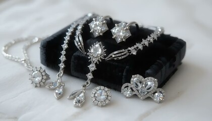 Jewelry set on black velvet with sparkle and elegance for luxury presentation