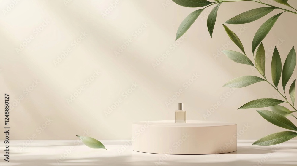Poster a captivating 3d rendering showcases a minimalist podium with a cosmetic product elegantly placed at