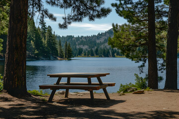 A serene lakeside vista featuring a rustic picnic table nestled among tall pines, creating an inviting scene for peaceful relaxation and outdoor enjoyment