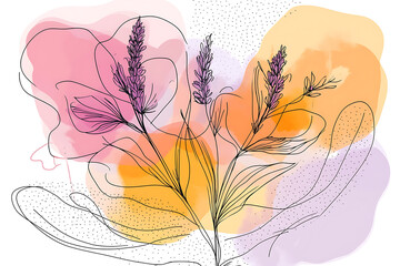 A minimalist line art illustration of a botanical element, such as a single leaf or a sprig of lavender, enhanced with subtle watercolor or gradient accents