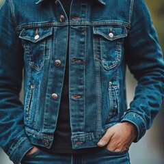 Man in denim jacket and jeans posing in streetwear with copy space for advertising or promotional use