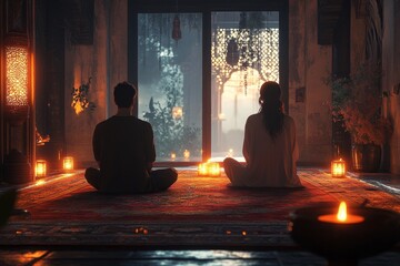 Couple meditating sunrise, ancient room, peace
