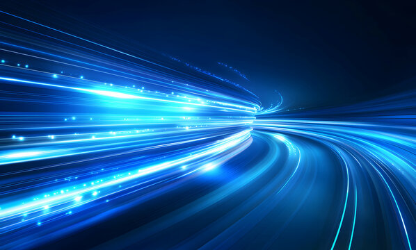 Dynamic light trails illuminating a futuristic curved pathway, symbolizing technological advancement and high-speed data transfer in a modern setting