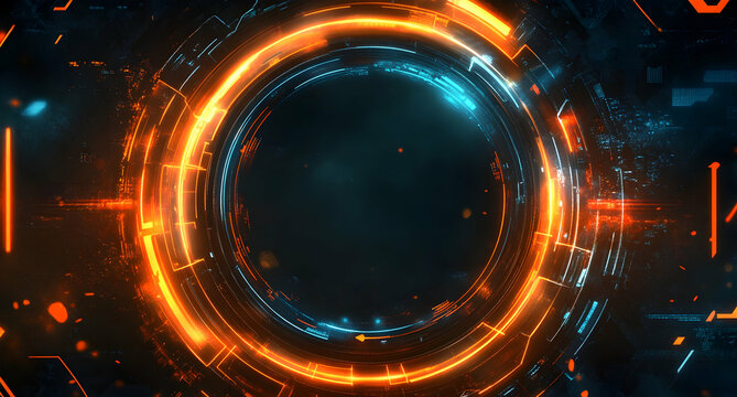 Futuristic Tech Portal, Luminous Circular Data Stream with Blue and Orange Accents for Technological Interface Backgrounds and Digital Designs