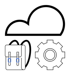 Cloud outline above gear and backpack representing technology, education, and teamwork. Ideal for online collaboration, remote work, digital tools, software settings, e-learning, innovation abstract