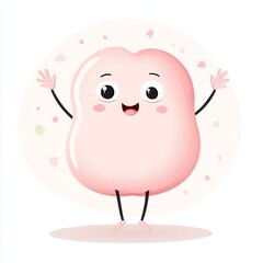 Naklejka premium A cute, smiling pink character with arms raised, surrounded by colorful confetti on a light background, exuding joy and playfulness.