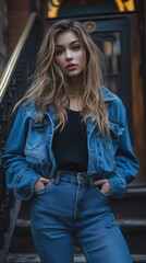 Woman in denim jacket and jeans posing in urban downtown fashion photography with copy space