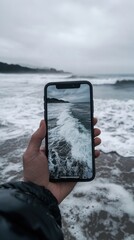 Person holding a cell phone displaying a beach image with digital detox theme and copy space for text