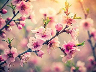 Obraz premium Retro pink peach blossoms, Prunus persica in bloom. Antique floral photography.