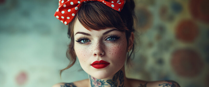 Close-up portrait of a woman with a red polka dot bow, bold red lipstick, and tattoos, embodying a retro, bold, and edgy beauty style with a rebellious and confident look.